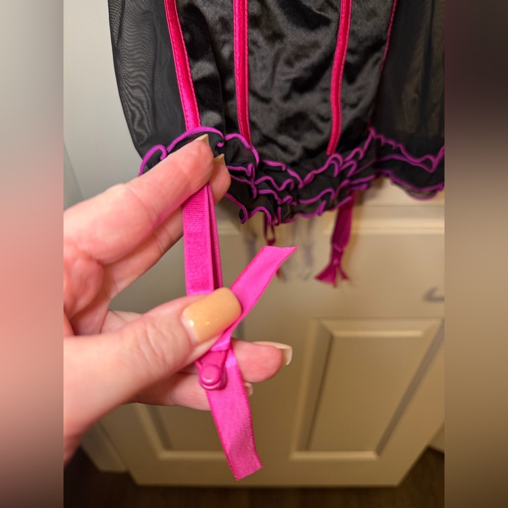 NWT Satin Black and Pink Chemise with Lace Trim and Panties - Picture 3 of 8